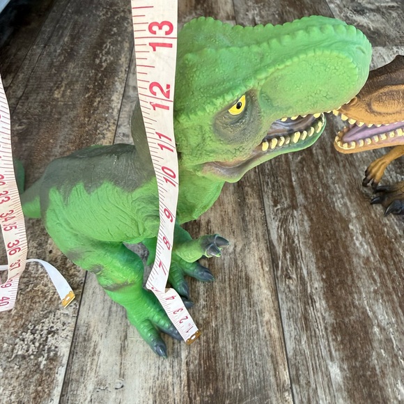 Maidenhead rubber dinosaur toys, green Tyrannosaurus Rex and a tan Velociraptor - Picture 9 of 10
